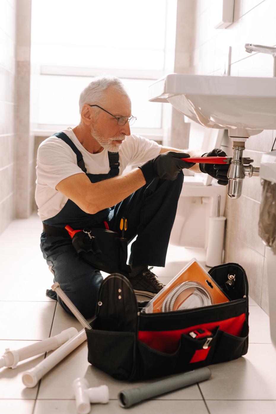Experienced plumber installing sink fixtures with professional tools